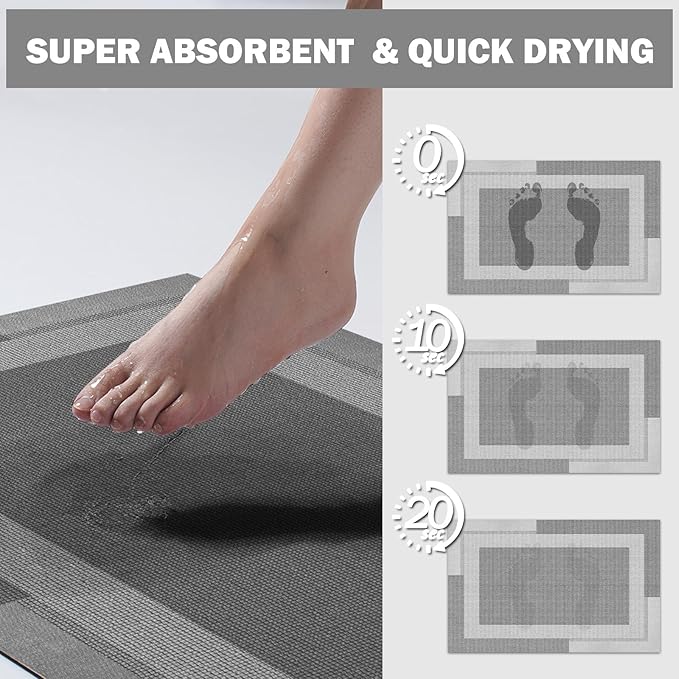 Non Slip Long Bath Mat Bathroom Runner, Rubber Backing Ultra Thin Bathroom Rugs Fit Under Door Quick Dry Super Absorbent Washable Bath Rug Shower Mat for Bathtub Sink Floor, Grey 17"x47"