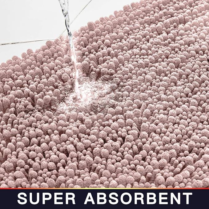 Walensee Bathroom Rug 2 Pieces Set Non Slip Bath Mat (17x24 Plus 20x32 Inch Dusty Pink) Water Absorbent Super Soft Shaggy Chenille Machine Washable Dry Extra Thick Perfect Carpet for Shower Floor