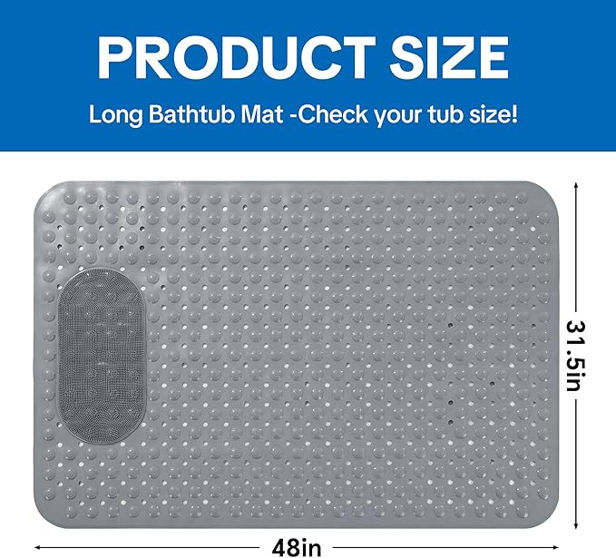 MABOZOO Non Slip Shower Mat, 48 * 31.5 Inch Extra Large Bathtub Mat with with Foot Scrubber, Bathmat with Antislip Suction Cups and Drain Holes for Bathroom Floor, Gray