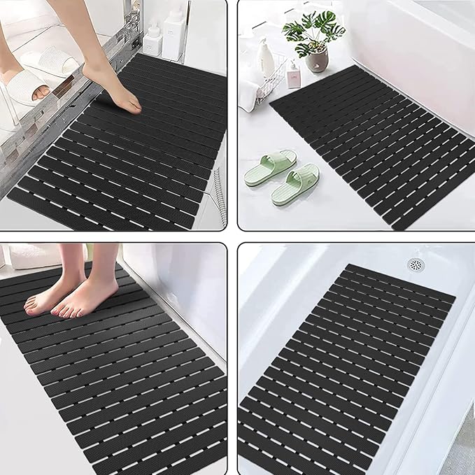 MBOSS Bath Tub Shower Mat Non Slip Bathtub Mats for Bathroom Shower Floor Mat Bath Mats for Shower Tub Anti Slip Shower Mat with Drain Hole and Large Suction Cups (Black, 27.5 X 15.7 Inch)