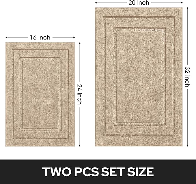HOMEIDEAS Bathroom Rugs Sets 2 Piece, Super Soft and Absorbent Non Slip Microfiber Machine Washable Bath Mat Set (20" x 32" + 16" x 24", Beige)