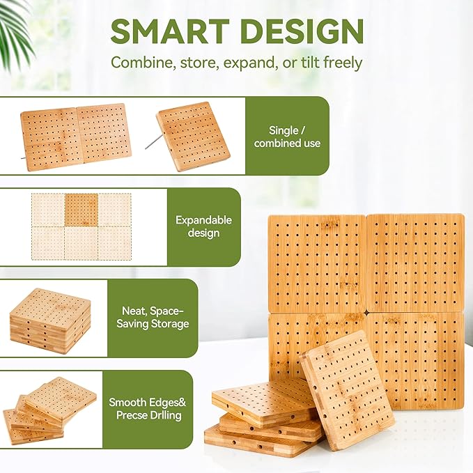 4-Pack 4.7" Crochet Blocking Boards with 25 Steel Pins Pegs, Assembles into 9.4" Standable Granny Square Blocking Board for Crochet Projects, for Crocheting and Knitting, 4 in 1 Gifts for Crocheter