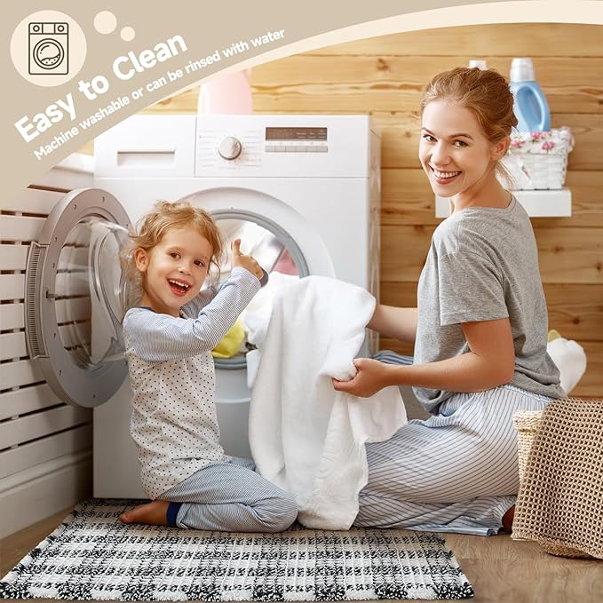 Waffle Bath Mat, Boho Bathroom Rugs Non Slip Washable Absorbent Checkered Bathroom Mat Quick Dry Farmhouse Bathroom Decor, 30"x20" Black and White