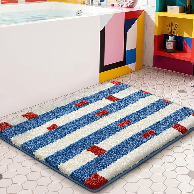 LUMI Bathroom Rugs with Blue White Stripe, Soft Absorbent Bath Mat for Modern Home Decor, Non-Slip Quick-Dry Bath Rug, Machine Washable Floor Mat for Shower and Tub, Entryway, 16"x24", Brick Line