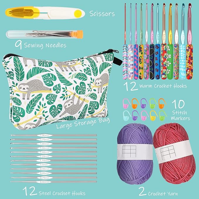 Coopay 24 Sizes Crochet Hooks with Crochet Yarn Accessories, 2mm(B)-8mm(L) Warm Crochet Hooks Steel Crochet Hook Set for Crochet Lovers, Smooth Crochet Kit with Complete Knitting & Crochet Supplies