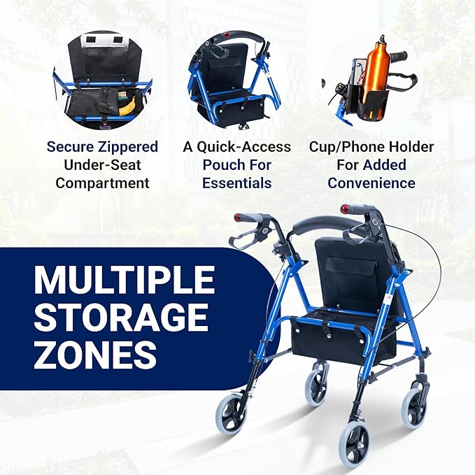 Arrigo Premium Rollator Walker with Large Cushioned Seat, Cup & Phone Holder and More – Folding, 4-Wheel Steel Rolling Walker with Brakes & Zippered Storage – Adjustable Height 350 lbs Capacity