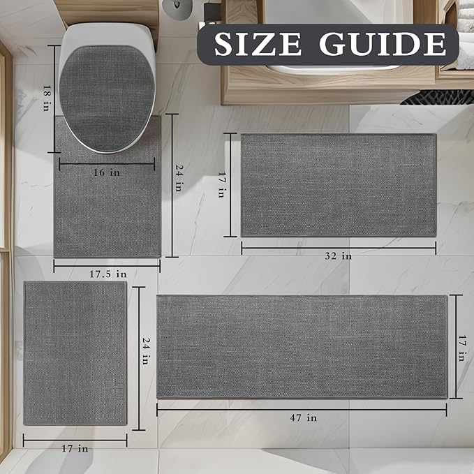 YIHOUSE Grey Bathroom Rug Sets 5 Piece, Absorbent Bath Mat for Bathroom Non Slip Washable, Bathroom Mat Quick Dry, Thin Bath Rug Set for Toilet and Floor