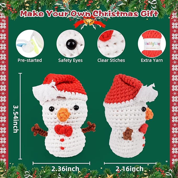 Christmas Snowman Crochet Kit for Beginners, Crochet Starter Kit for Kids Adults, Learn to Crochet w/Step-by-Step Video Tutorials, Pre-Started Yarn, Hook, DIY Amigurumi Craft Gifts for Christmas Décor