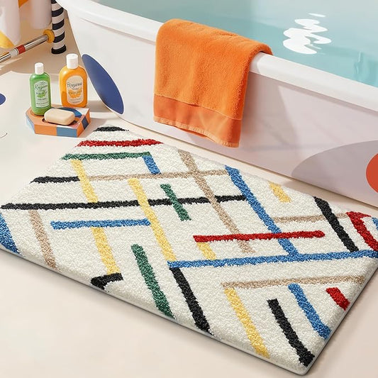 LUMI Bathroom Rugs with Colorful Line, Soft Absorbent Bath Mat for Modern Home Decor, Non-Slip Quick-Dry Bath Rug, Machine Washable Floor Mat for Shower and Tub, Entryway, 20"x32", Colored Line