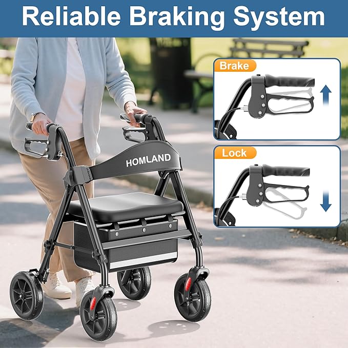 HOMLAND Rollator Walkers for Seniors with Seat, 8" All Terrain Wheels, Durable Aluminum Frame, Lightweight Foldable Walker with Ergonomic Seat, Height Adjustable Rolling Walker