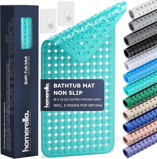 homerella® Bathtub Mat Non Slip 35x16, Incl. Hooks for Drying, Extra Long, 100% BPA Free, Shower Mat Non Slip Anti Mold, Machine Washable, Shower Mats for Inside Shower Mildew Resistant