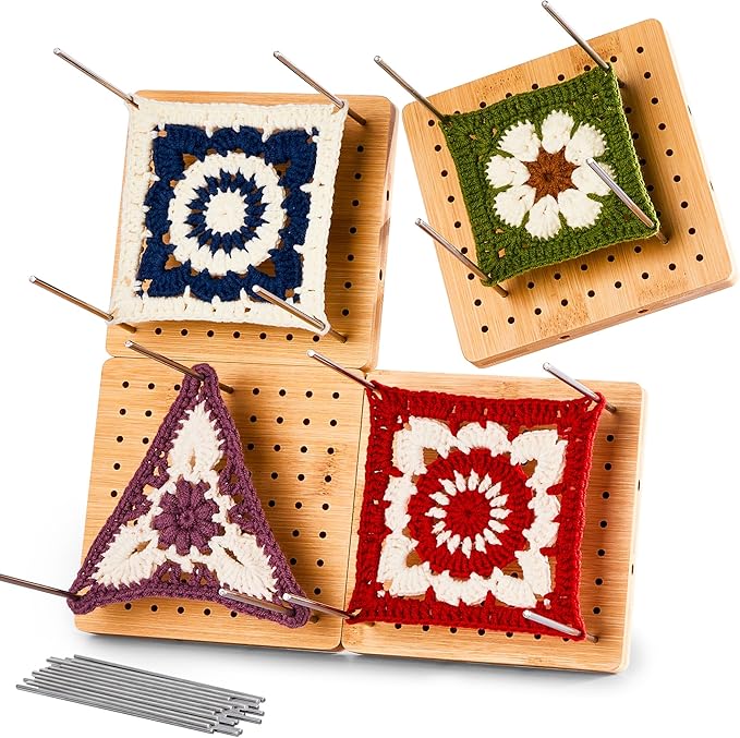 4-Pack 4.7" Crochet Blocking Boards with 25 Steel Pins Pegs, Assembles into 9.4" Standable Granny Square Blocking Board for Crochet Projects, for Crocheting and Knitting, 4 in 1 Gifts for Crocheter