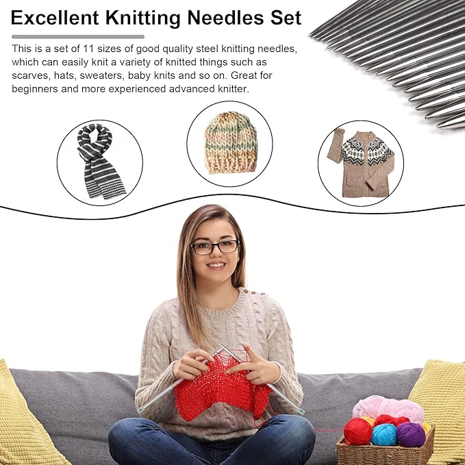 Aeelike 11 Pairs Knitting Needles Set - Stainless Steel Knitting Needles Single Point with Roll Bag - Portable Metal Knittings Needle Set for Beginners Size 2mm to 8mm