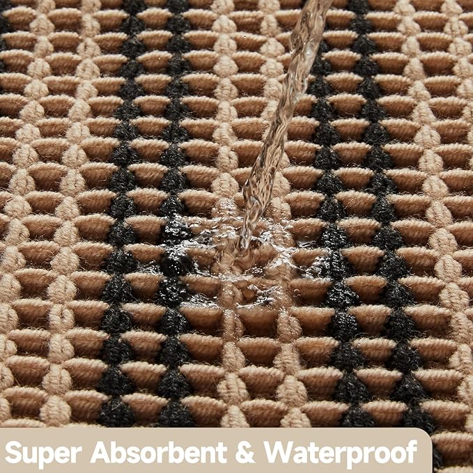 Waffle Bath Mat, Boho Bathroom Rugs Non Slip Washable Super Absorbent Quick Dry Bath Mat Farmhouse Bathroom Decor, 24"x16" Black and Khaki