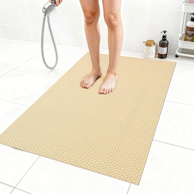Extra Large Non-Slip Shower Mat, Fast-Dry PVC Bath Stall Tub Mat, Drain-Hole Design for Shower Stall Tub for Elderly/Kids, Non Slip Bath Mat Bathroom Safety Accessory, Khaki 47"x32"