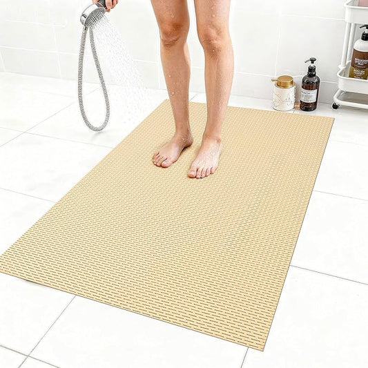 Extra Large Non-Slip Shower Mat, Fast-Dry PVC Bath Stall Tub Mat, Drain-Hole Design for Shower Stall Tub for Elderly/Kids, Non Slip Bath Mat Bathroom Safety Accessory, Khaki 47"x32"