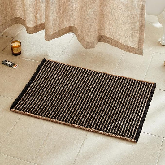 Waffle Bath Mat, Boho Bathroom Rugs Non Slip Washable Super Absorbent Quick Dry Bath Mat Farmhouse Bathroom Decor, 30"x20" Khaki and Black