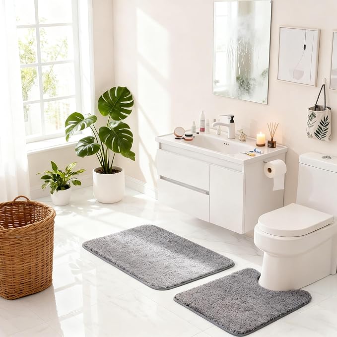 Exclusivo Mezcla Toilet Rugs U-Shaped 20x24, Extra Soft Non Slip Absorbent Water Microfiber Bath Rugs, Machine Washable Quick Dry Bath Mats for Toilet, Solid Grey