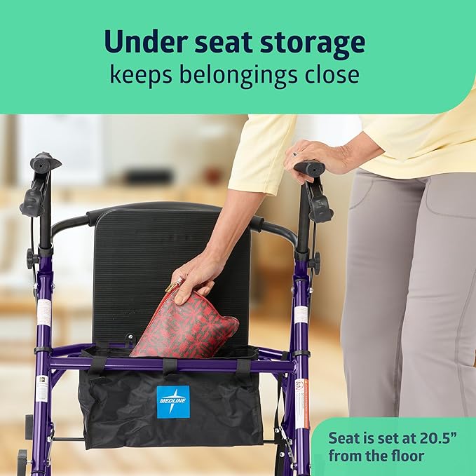 Medline Aluminum Rollator Walker with Seat, Purple, 250 lb. Weight Capacity, Lightweight, 6” Wheels, Foldable, Adjustable Handles, Rolling Walker for Seniors
