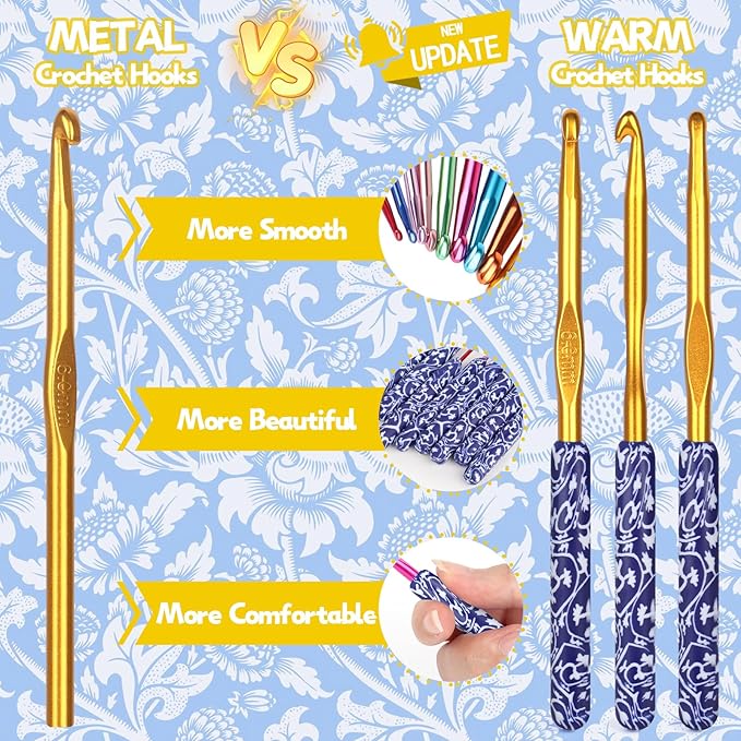 Coopay Warm Crochet Hooks Comfort Grip, Dark Blue & White Porcelain Art Handle Crochet Set for Beginners, Longer Aluminum Shaft Crochet Hook Set 2.0mm-6.0mm, Smooth Crochet Needles Set for Crochet