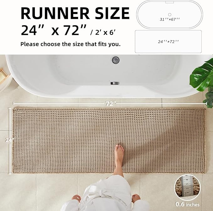 Waffle Runner Rug Bathroom, Long Boho Bathroom Rugs Non Slip Washable Super Absorbent Quick Dry Farmhouse Bath Decor, 72"x24" Beige