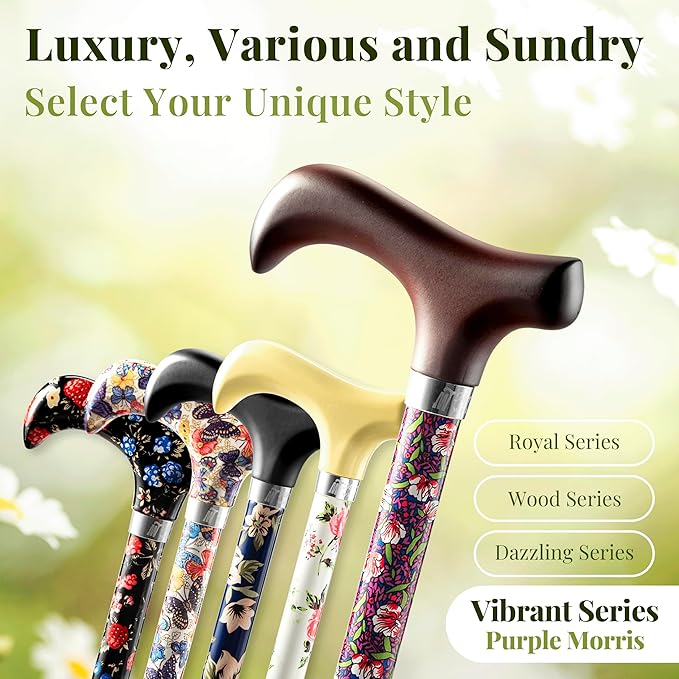 Merry Sticks Lightweight Foldable Walking Canes for Women and Men, Adjustable & Collapsible Walking Stick for Seniors, Balancing Mobility Aids, Ergonomic Handle & Wrist Strap - Purple Morris