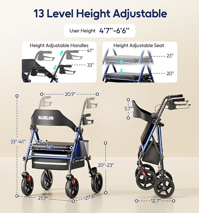 Walkers for Seniors Rollator Walkers with Seat, 350lb Capacity with Cup Holder & Cane Holder, 8'' All Terrain Wheels, Adjustable Handles and Seat Height, Foldable Design, Blue