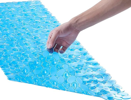 Bath Shower Mat Non Slip: Extra Large Pebble Bathtub mat for Families, Anti Slip Shower Matt with Drain Holes Suction Cups Tub Mat - 16 X 40 Inch Clear Blue