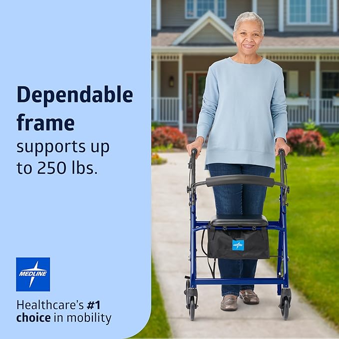 Medline Aluminum Rollator Walker with Seat, Blue, 250 lb. Weight Capacity, Lightweight, 6” Wheels, Foldable, Adjustable Handles, Rolling Walker for Seniors