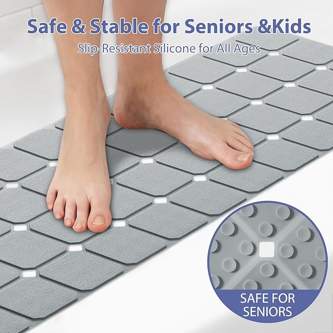Bathtub Mat Non Slip Silicone Foldable Extra Long Tub Mat Strong Suction Cups & Large Drain Holes, Durable,Machine Washable for Smooth Surfaces Shower Mat, Ideal for Families Beige,15"x40" Grey
