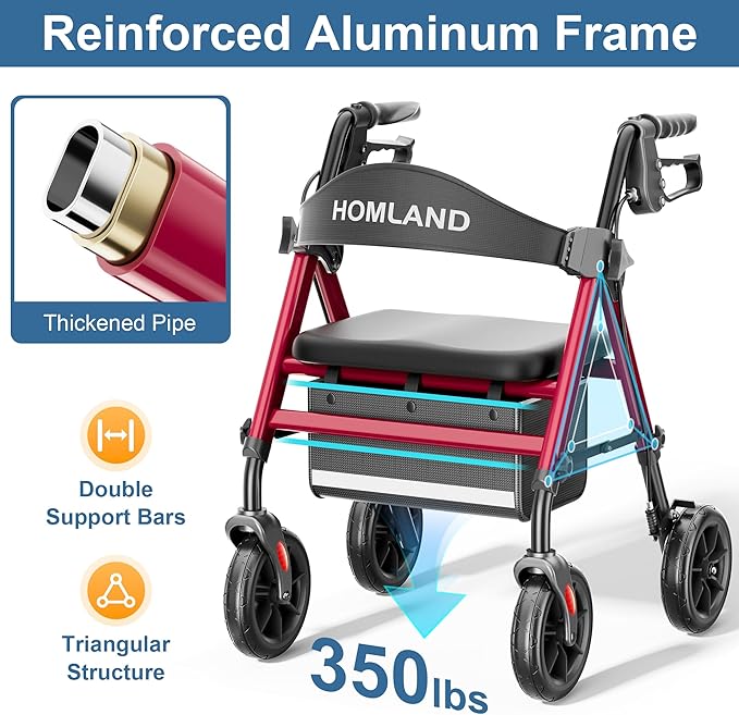 HOMLAND Rollator Walkers for Seniors with Seat, 8" All Terrain Wheels, Durable Aluminum Frame, Lightweight Foldable Walker with Ergonomic Seat, Height Adjustable Rolling Walker