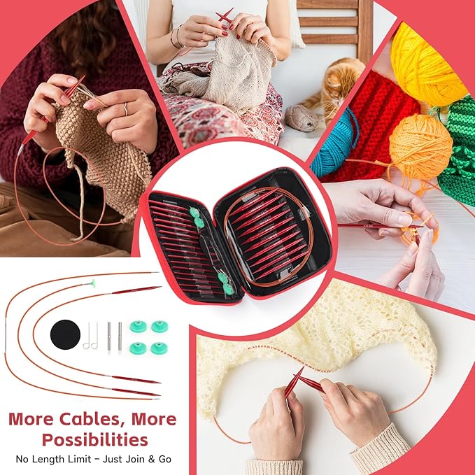 Interchangeable Circular Knitting Needles Set, 13 Pairs (26pcs) Glossy Red Aluminum Knitting Needles Kit, Sizes 3.0mm–10.0mm, Knitting Needle Case & Accessories for Knitting Beginners & Advanced