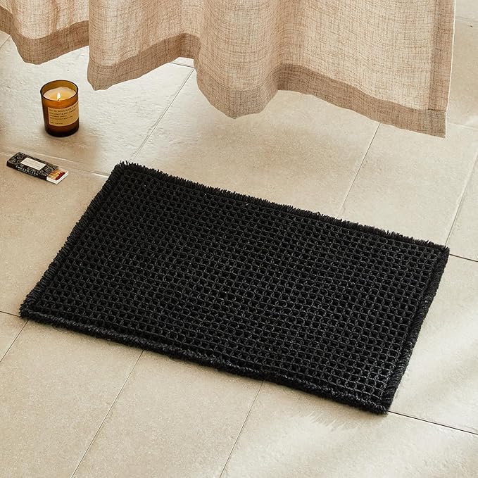 Black Bathroom Rug, Waffle Bath Mat Non Slip Washable Super Absorbent Quick Dry Boho Farmhouse Bathroom Decor, 24"x16" Black