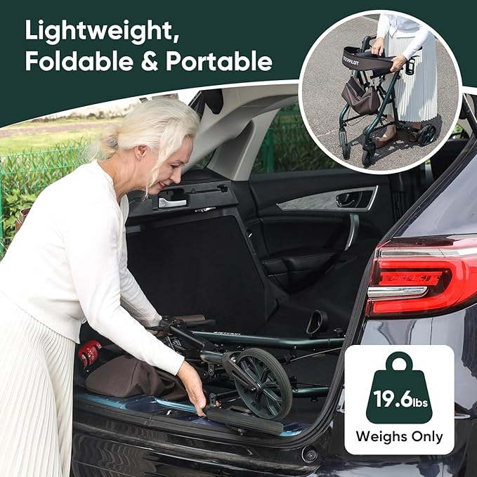 Titan Foldable Rollator Walkers with Seat, 7-Level Adjustable Handles Height, Reliable Parking & Braking System, Easy to Assemble and Use with Cane Holder & Storage Bag, 8" Big Wheels