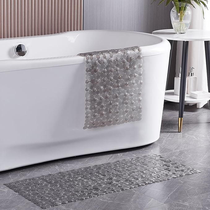 Bath Shower Mat Non Slip: Extra Large Pebble Bathtub mat for Families, Anti Slip Shower Matt with Drain Holes Suction Cups Tub Mat - 16 X 40 Inch Clear Grey