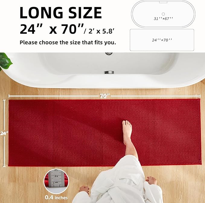 Christmas Bathroom Runner Rugs, Long Bath Mat Runner Washable Thin Quick Dry Low Pile Bathroom Runner Rugs Non Slip, Red 24"x70"