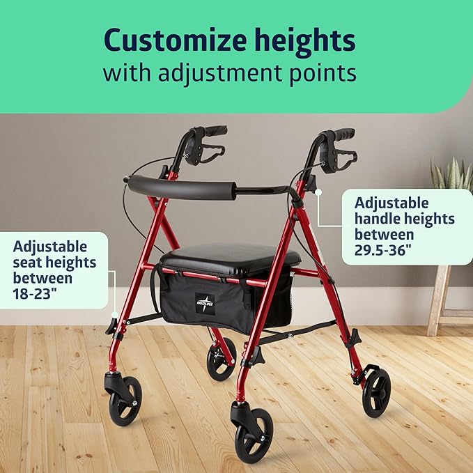 Medline Superlight Folding Aluminum Mobility Rollator Walker, Red, 250 lb. Weight Capacity, 6" Wheels, Adjustable Arms and Seat, Foldable Rolling Walker for Seniors
