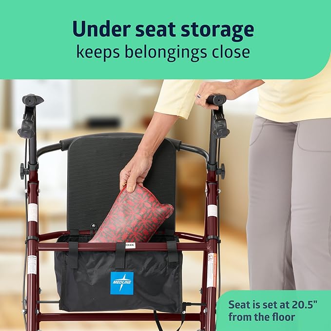 Medline Steel Rollator Walker for Adult Mobility Impairment, Burgundy, 350 lb. Weight Capacity, 8” Wheels, Foldable, Adjustable Handles, Rolling Walker for Seniors