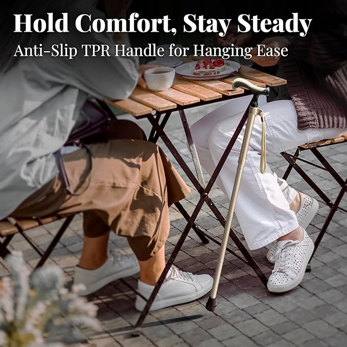 Merry Sticks Lightweight Foldable Walking Canes for Women and Men, Adjustable & Collapsible Walking Stick for Seniors, Non-Slip Ergonomic Handle with 1 Extra Replacement Cane Tip – Champagne Gold