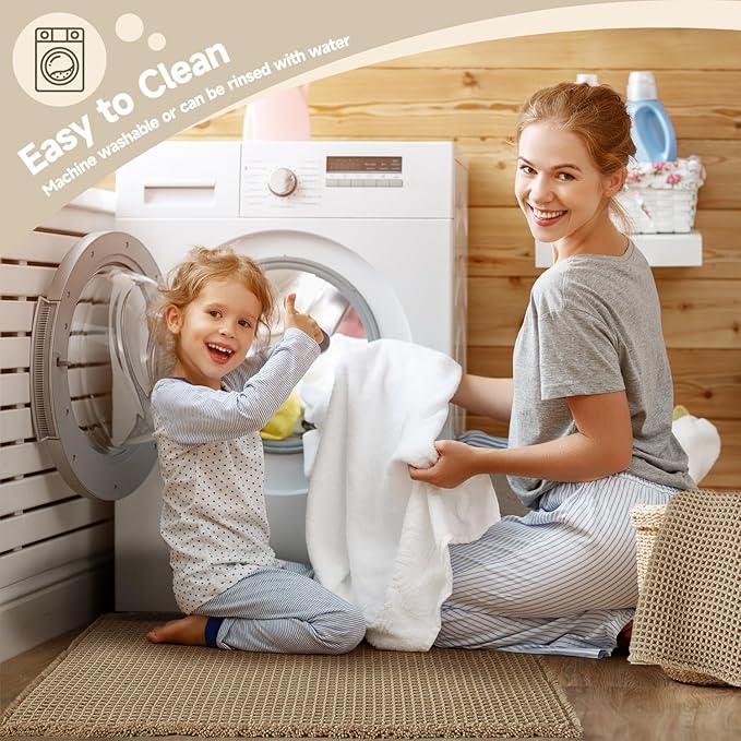 Waffle Runner Rug Bathroom, Long Boho Bathroom Rugs Non Slip Washable Super Absorbent Quick Dry Farmhouse Bath Decor, 60"x24" / 5'x2' Khaki