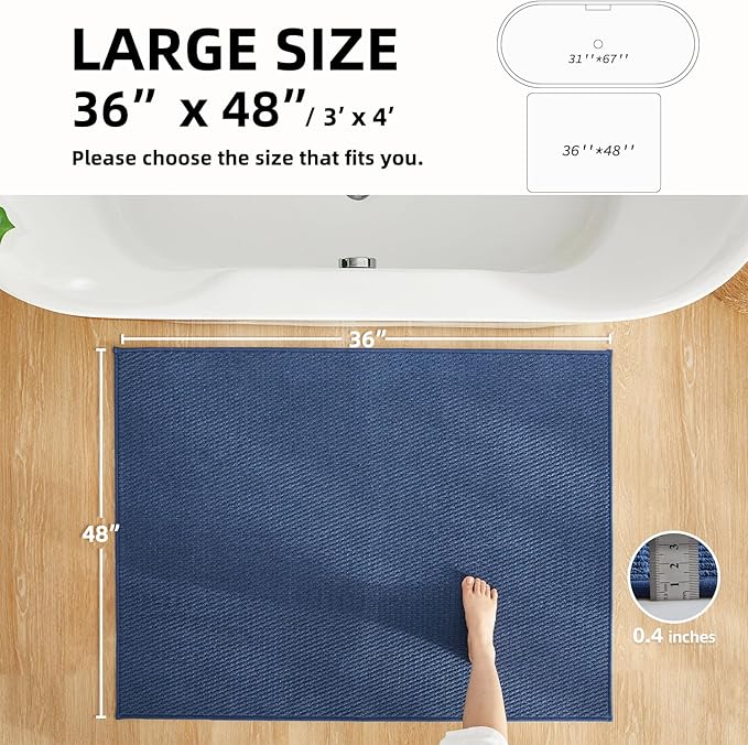 Large Bathroom Rugs Non Slip Washable Bath Rugs Super Absorbent Bathroom Rug Thin Quick Dry Low Pile Bath Mats, Navy Blue 36"x48"