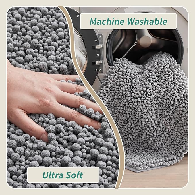 Non Slip Bathroom Rug Machine Washable Thick Grey Bath Mat 24x44 Soft Absorbent Bathroom Floor Mat Chenille Bath Rug for Shower Tub