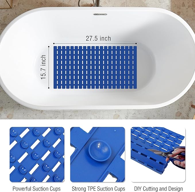 MBOSS Bath Tub Shower Mat Non Slip Bathtub Mats for Bathroom Shower Floor Mat Bath Mats for Shower Tub Anti Slip Shower Mat with Drain Hole and Large Suction Cups(Deep Blue, 27.5 X 15.7 Inch)