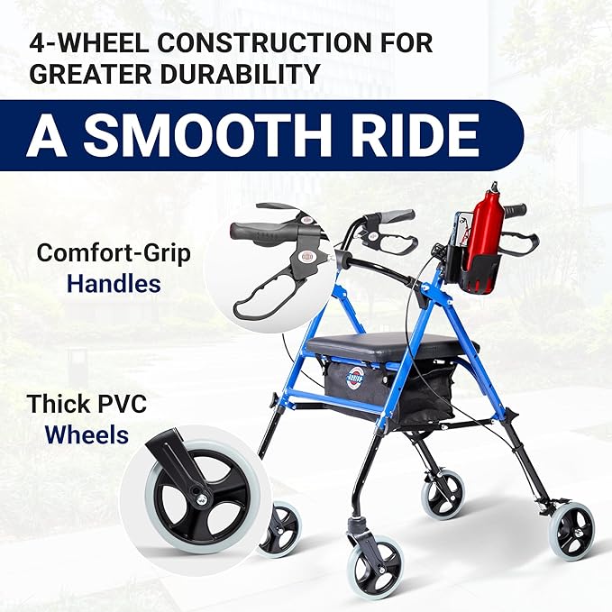 Arrigo Premium Rollator Walker with Large Cushioned Seat, Cup & Phone Holder and More – Folding, 4-Wheel Steel Rolling Walker with Brakes & Zippered Storage – Adjustable Height 350 lbs Capacity