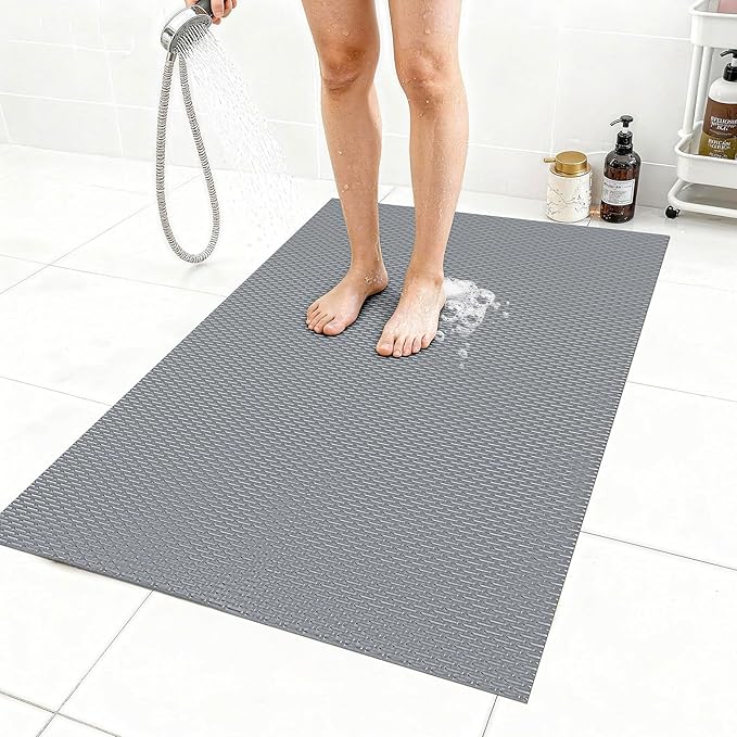 Extra Large Non-Slip Shower Mat, Fast-Dry PVC Bath Stall Tub Mat, Drain-Hole Design for Shower Stall Tub for Elderly/Kids, Non Slip Bath Mat Bathroom Safety Accessory, Gray 47"x32"