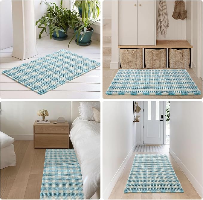 Waffle Runner Rug Bathroom, Long Boho Bathroom Rugs Non Slip Washable Absorbent Checkered Bathroom Mat Quick Dry Cute Bath Mat, 72"x24" Blue and White
