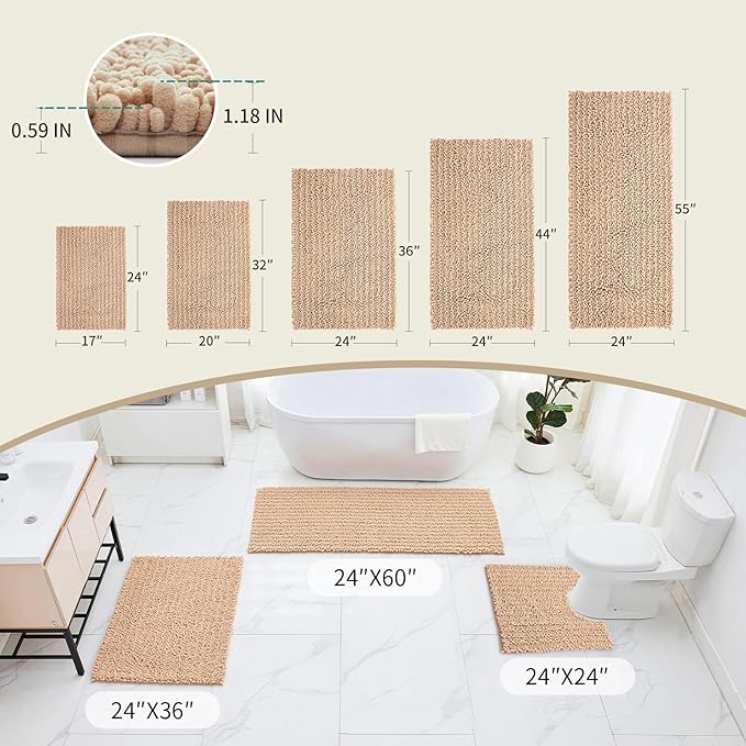 Non Slip Bathroom Rug Machine Washable Thick Beige Bath Mat 24x44 Soft Absorbent Bathroom Floor Mat Chenille Bath Rug for Shower Tub