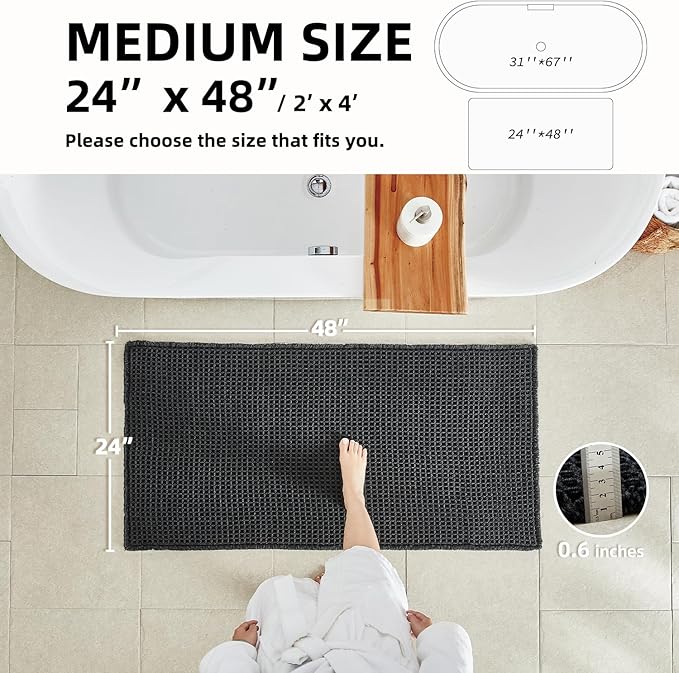 Black Bathroom Rug, Waffle Bath Mat Non Slip Washable Super Absorbent Quick Dry Boho Farmhouse Bathroom Decor, 48"x24" Black