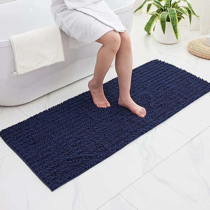 Bathroom Runner Rug 24x70 Non Slip Washable Long Bath Mat for Tub Thick Soft Absorbent Bathroom Floor Mat Large Chenille Bath Rug for Shower, Navy