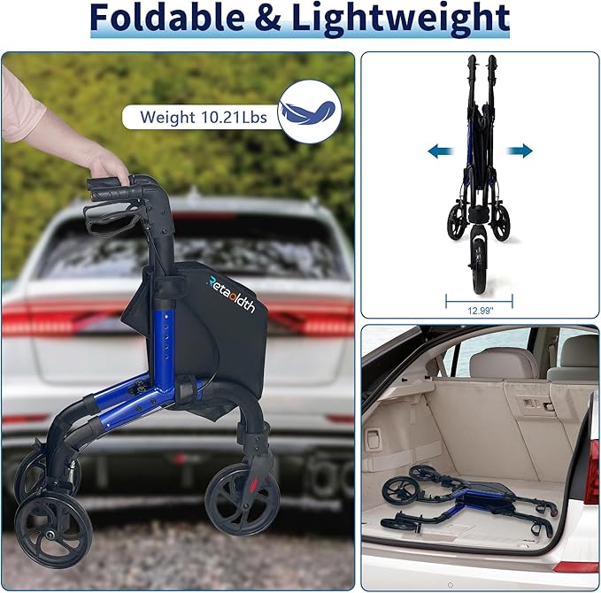 Lightweight 3 Wheel Rollator Walker for Seniors, Foldable Aluminum Mobility Aid with Storage Bag, Easy-Fold Walking Support for Elderly Balance & Rehabilitation